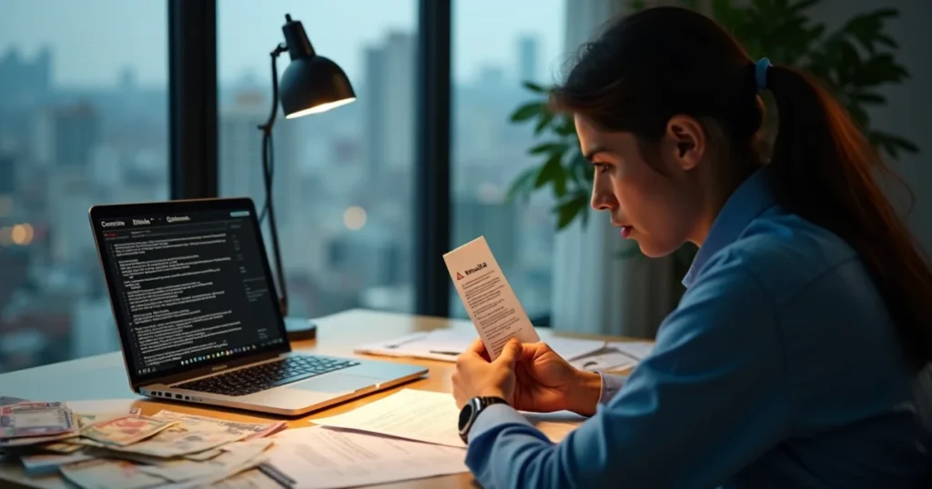 Mulher no notebook pensando no que acontece se não fizer a saída fiscal definitiva do Brasil